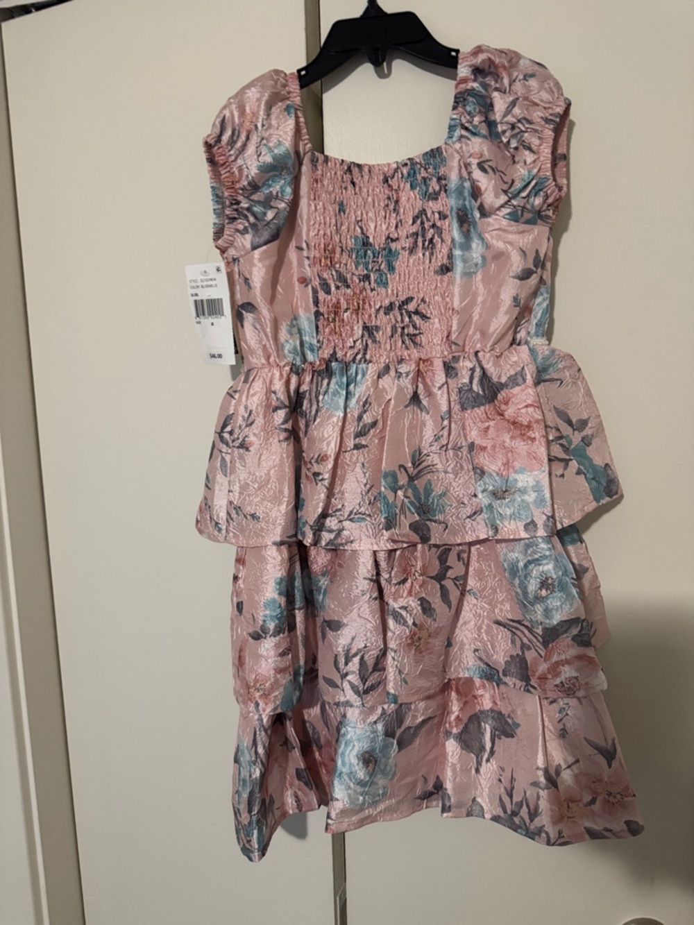 Xtraordinary Pink Floral Tiered Dress with Blue Accents